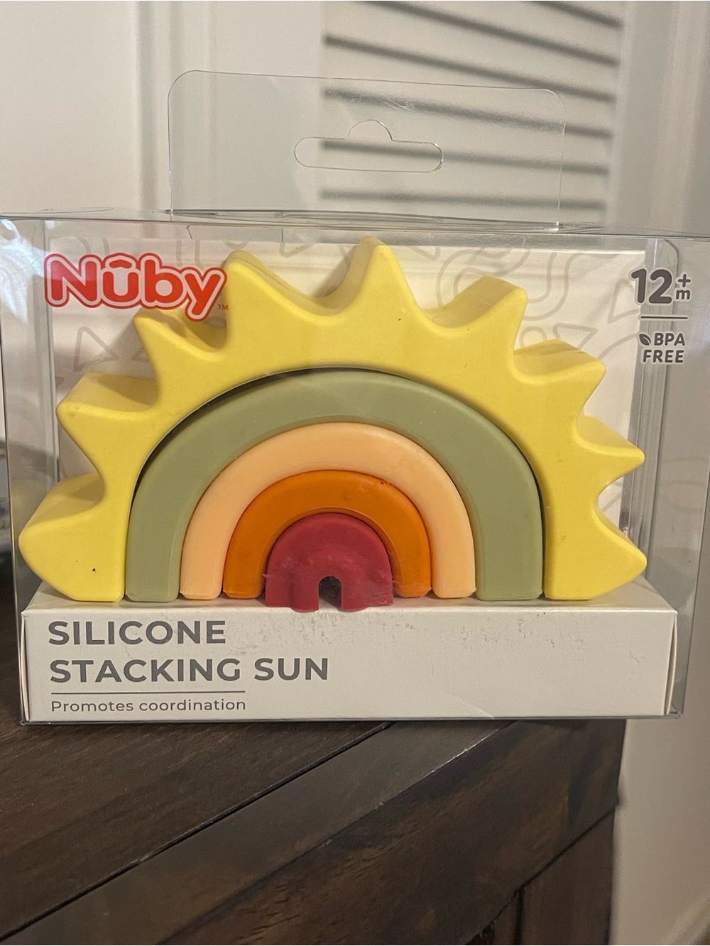 Nuby Silicone Stacking Sun Toy - Yellow & Multicolor. New in box.
